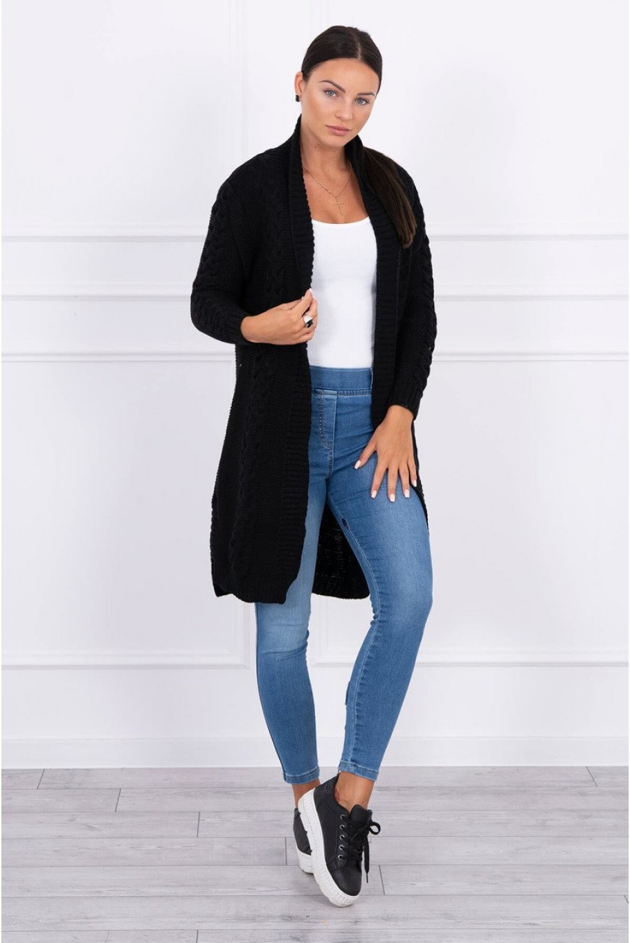Cardigan midi negru cu model torsade